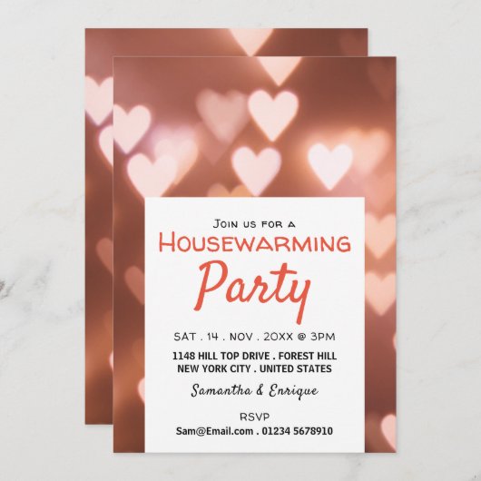Bokeh Lights, Roze Heart Housewarming Party Invite Aankondiging (Voorkant / Achterkant)