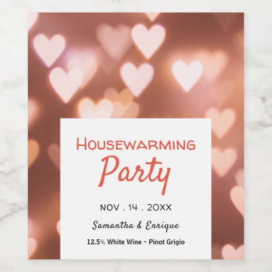 Bokeh Lights, Roze Heart Housewarming Party Wijn Etiket (Enkel label)