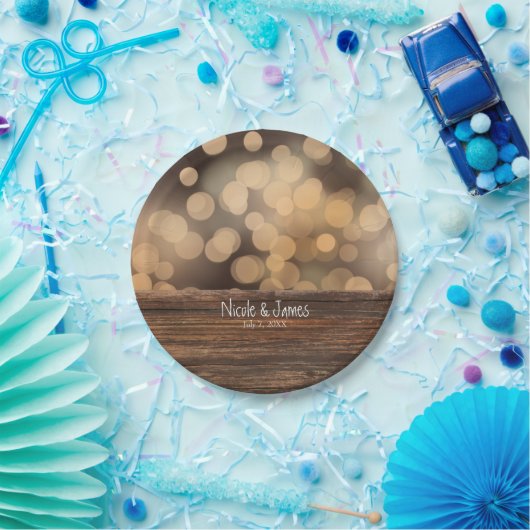 Bokeh Lights & Wood Rustic Sparkle Wedding Papieren Bordje (Feest)