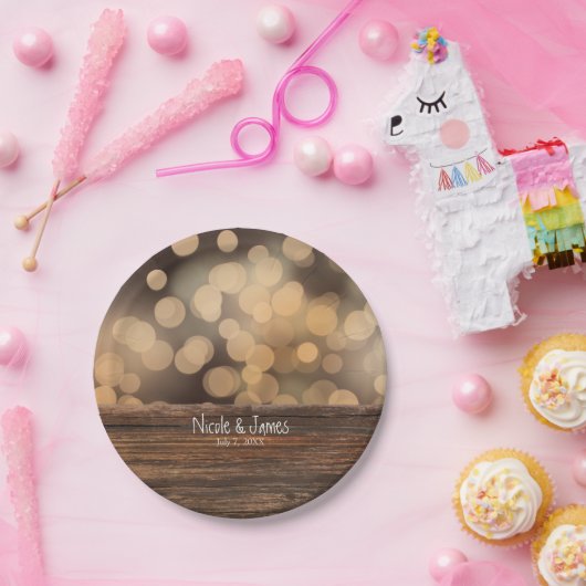 Bokeh Lights & Wood Rustic Sparkle Wedding Papieren Bordje (Feest)