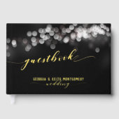 Bokeh Lights Zwart Goud Script Elegante bruiloft Gastenboek (Voorkant)