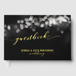 Bokeh Lights Zwart Goud Script Elegante bruiloft Gastenboek