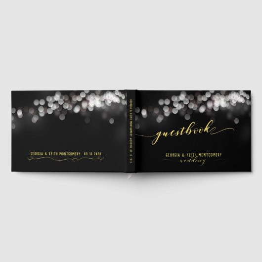 Bokeh Lights Zwart Goud Script Elegante bruiloft Gastenboek (Volledig)