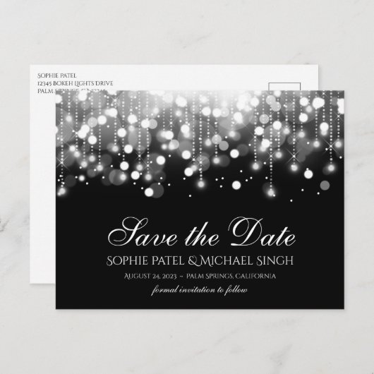 Bokeh Lights Zwart-wit Save the Date Briefkaart (Voorkant / Achterkant)