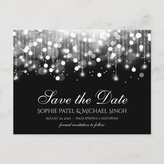 Bokeh Lights Zwart-wit Save the Date Briefkaart (Voorkant)