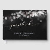 Bokeh Lights Zwart Zilver Script Elegante bruiloft Gastenboek (Voorkant)
