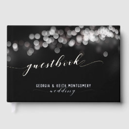 Bokeh Lights Zwart Zilver Script Elegante bruiloft Gastenboek