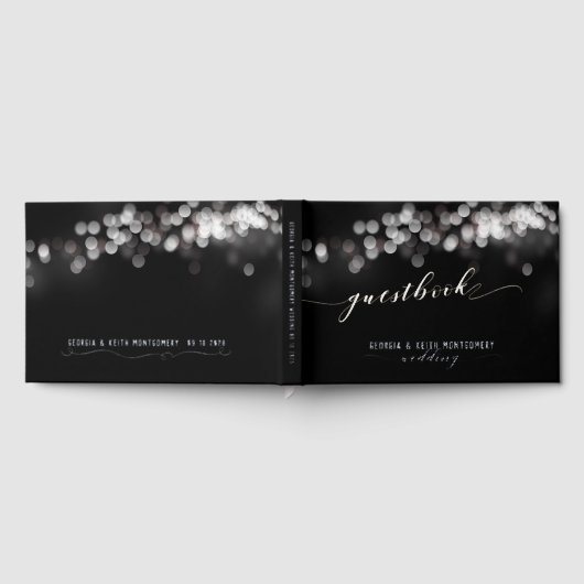Bokeh Lights Zwart Zilver Script Elegante bruiloft Gastenboek (Volledig)