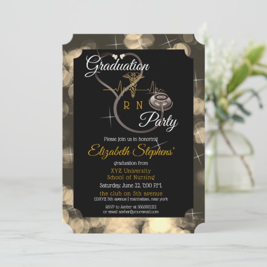 Bokeh Nurse Stethoscope EKG Graduation Party Kaart (Staand voorkant)