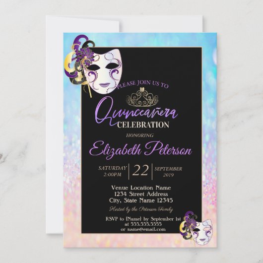 Bokeh Ombre Tiara, Masquerade Quinceañera Kaart (Voorkant)