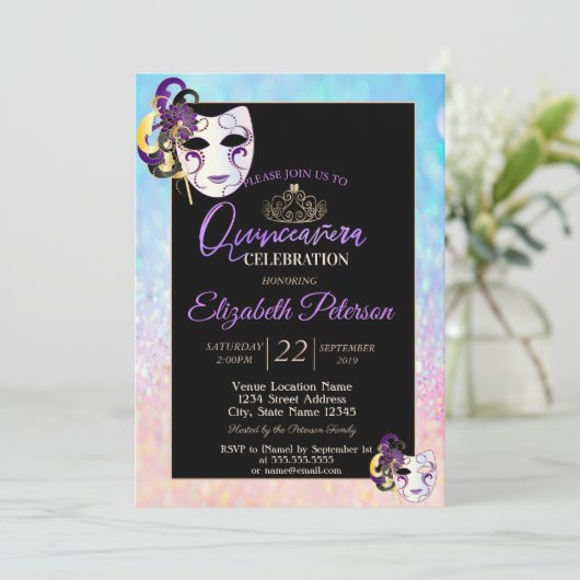 Bokeh Ombre Tiara, Masquerade Quinceañera Kaart (Staand voorkant)