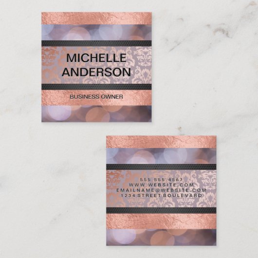 Bokeh | Roos Gold Foil | Damaskleurblok Vierkante Visitekaartje (Voorkant / Achterkant)