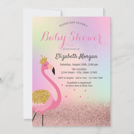 Bokeh, Roze Flamingo Holographic Baby shower Kaart (Voorkant)