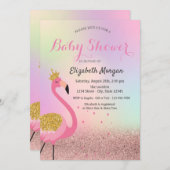 Bokeh, Roze Flamingo Holographic Baby shower Kaart (Voorkant / Achterkant)