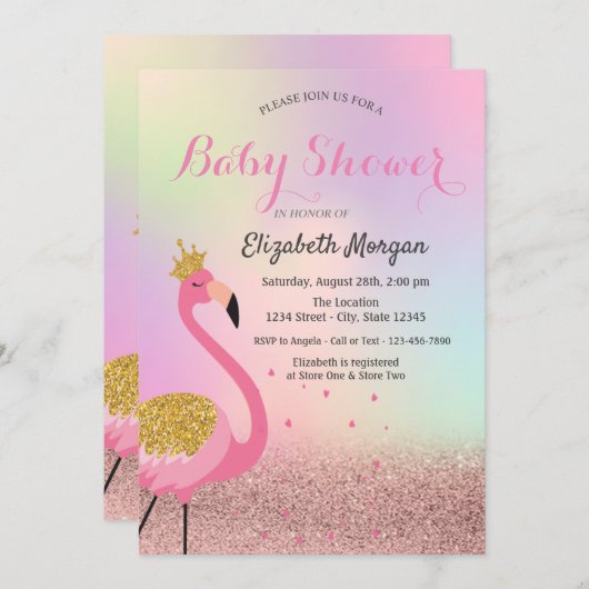 Bokeh, Roze Flamingo Holographic Baby shower Kaart (Voorkant / Achterkant)