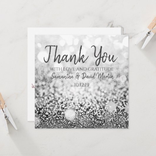 Bokeh Silver Glitter Wedding Bedankt Kaart (Voorkant / Achterkant in situ)