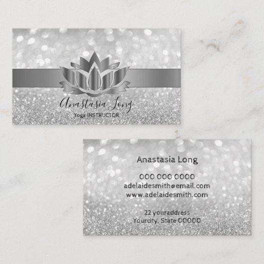 Bokeh Silver, Lotus Flower Yoga Instructor Busine Visitekaartje (Voorkant / Achterkant)