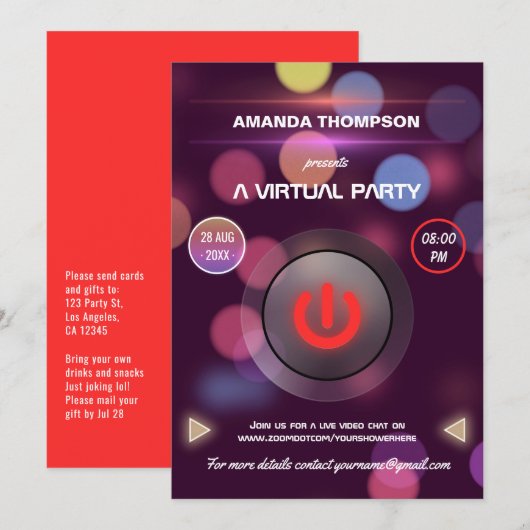 Bokeh Virtual Birthday Party Kaart (Voorkant / Achterkant)