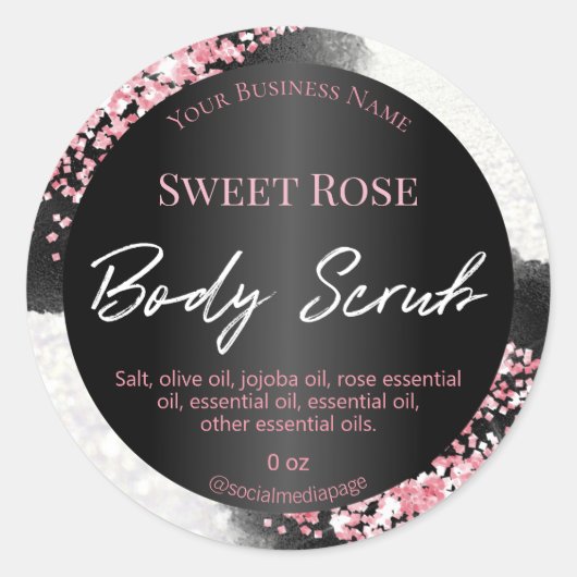 Bokeh wit zwart roze glitter body scrub labels (Voorkant)