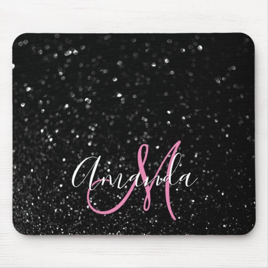 Bokeh Zwart Glitter Roze en Witte Monogram Muismat (Voorkant)