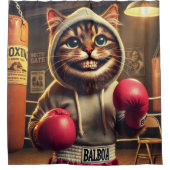 "Boksen kampioen? - Kat met bokshandschoenen Douchegordijn (Voorkant)