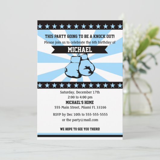 Boksen Sport Boy Verjaardag Uitnodiging Blauw (Staand voorkant)