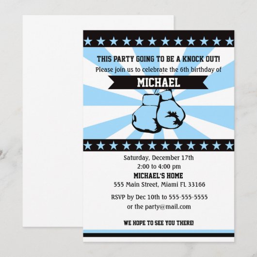Boksen Sport Boy Verjaardag Uitnodiging Blauw (Voorkant / Achterkant)