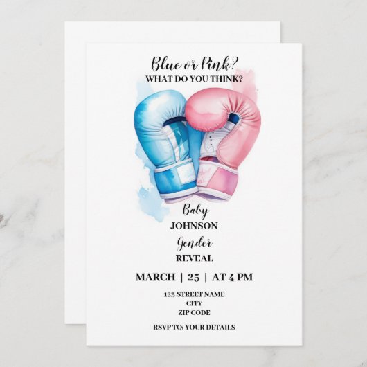 Boksen thema gender onthullen uitnodiging (Voorkant / Achterkant)