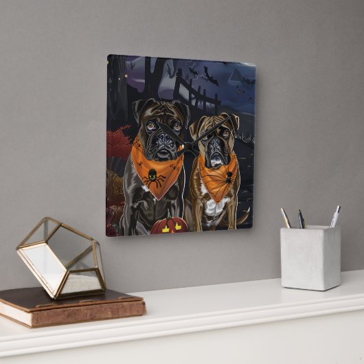 Bokser Halloween Spooky Vierkante Klok (Kantoor)