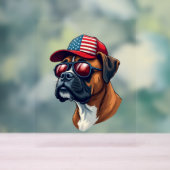 Bokser hond draagt wit rood blauw acryl bord (Neutraal)