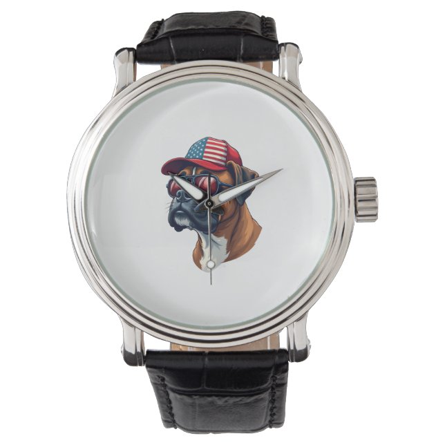Bokser hond draagt wit rood blauw horloge (Voorkant)