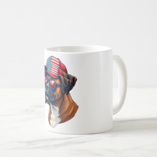 Bokser hond draagt wit rood blauw koffiemok (Voorkant rechts)