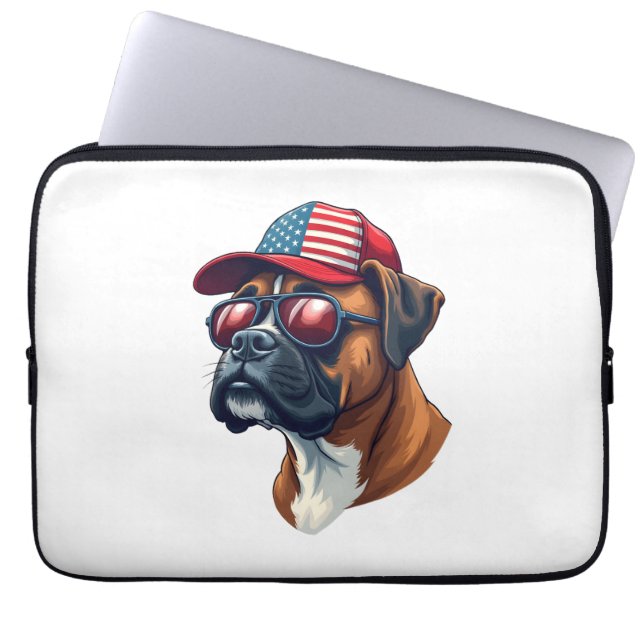 Bokser hond draagt wit rood blauw laptop sleeve (Voorkant)