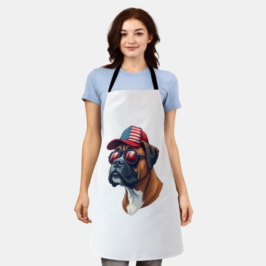 Bokser hond draagt wit rood blauw schort (Gedragen)