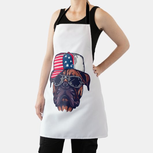 Bokser hond draagt wit rood blauw schort (Insitu)