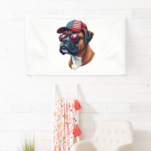 Bokser hond draagt wit rood blauw spandoek (Insitu)