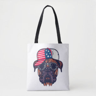 Bokser hond draagt wit rood blauw tote bag