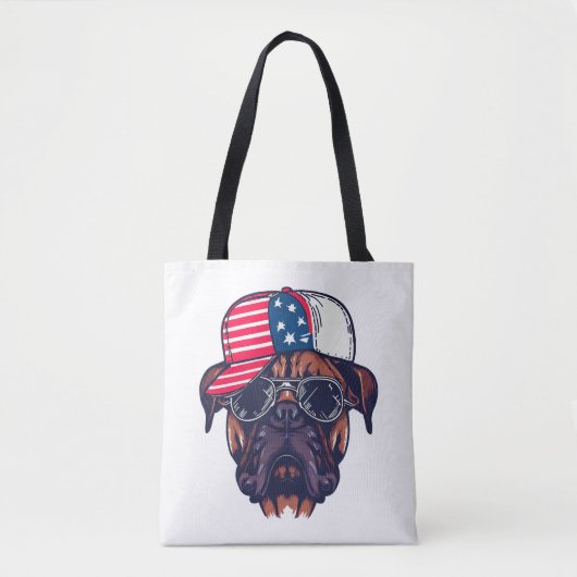 Bokser hond draagt wit rood blauw tote bag (Voorkant)