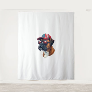 Bokser hond draagt wit rood blauw wandkleed