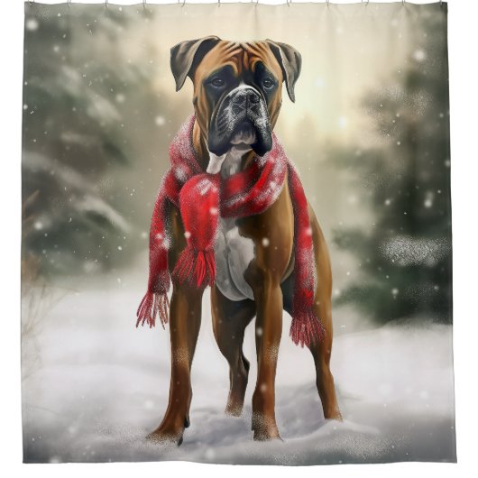 Bokser Hond in Sneeuw Kerstmis Douchegordijn (Voorkant)