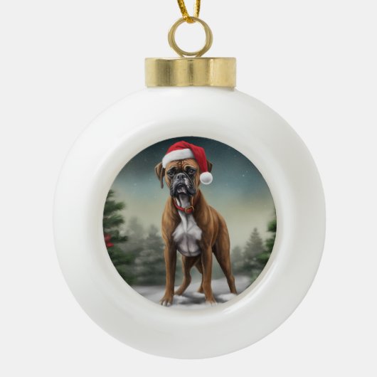 Bokser Hond in Sneeuw Kerstmis Keramische Bal Ornament (Voorkant)