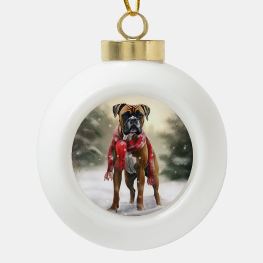 Bokser Hond in Sneeuw Kerstmis Keramische Bal Ornament (Voorkant)