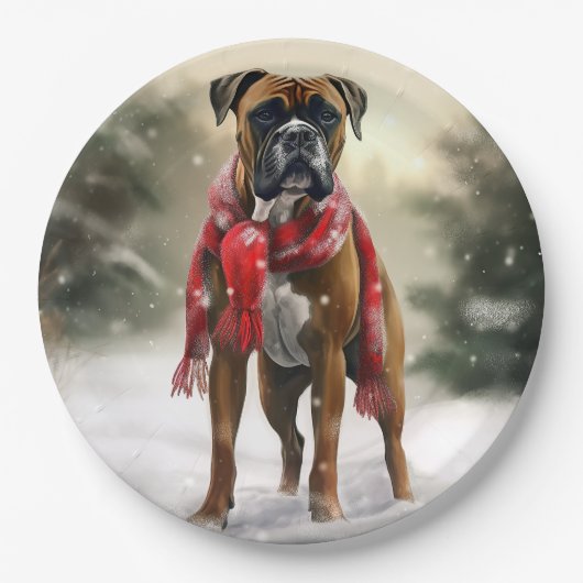Bokser Hond in Sneeuw Kerstmis Papieren Bordje (Voorkant)