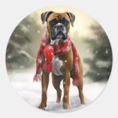 Bokser Hond in Sneeuw Kerstmis Ronde Sticker (Voorkant)