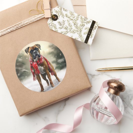Bokser Hond in Sneeuw Kerstmis Ronde Sticker (Geschenken)