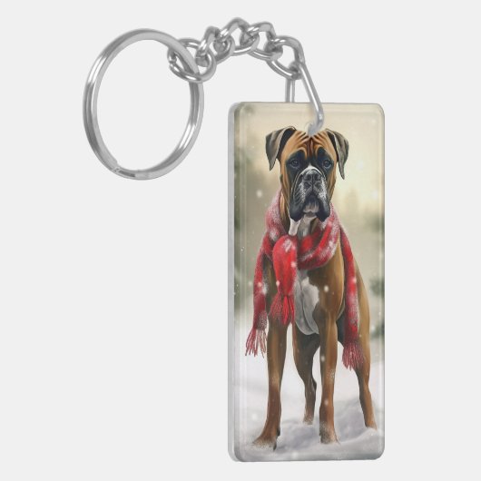 Bokser Hond in Sneeuw Kerstmis Sleutelhanger (Voorkant Links)