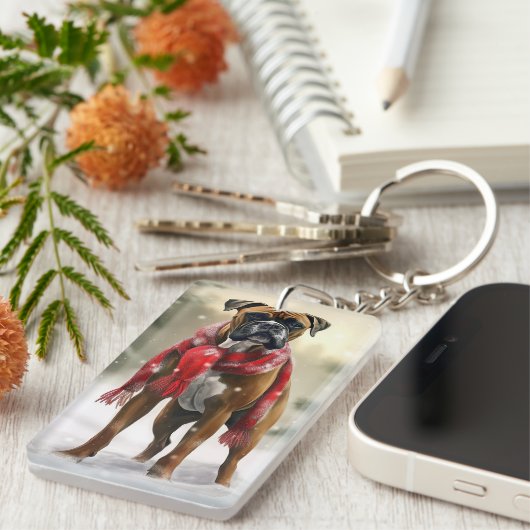 Bokser Hond in Sneeuw Kerstmis Sleutelhanger (Voorkant Rechts)