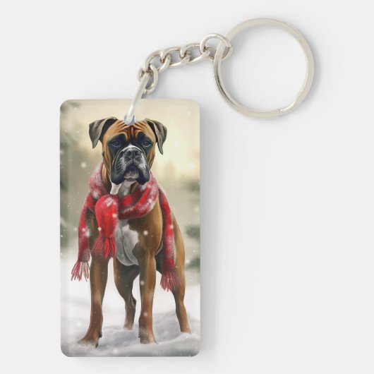 Bokser Hond in Sneeuw Kerstmis Sleutelhanger (achterkant)