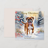 Bokser Hond In Sneeuwscène Vrolijk Kerstfeest Feestdagenkaart (Voorkant / Achterkant)