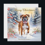 Bokser Hond In Sneeuwscène Vrolijk Kerstfeest Feestdagenkaart<br><div class="desc">Deze stijlvolle kerstkaart afbeeldingen een knappe Boxerhond, die geniet van een wandeling door de sneeuw met een late middaghemel, rode bessen en groenblijvende bomen. De illustratie is in een mooie waterverf stijl. Bovenaan staat de begroeting 'Merry Christmas' in stijlvolle scripttypografie, terwijl de tekst onderaan kan worden gepersonaliseerd met jouw namen...</div>